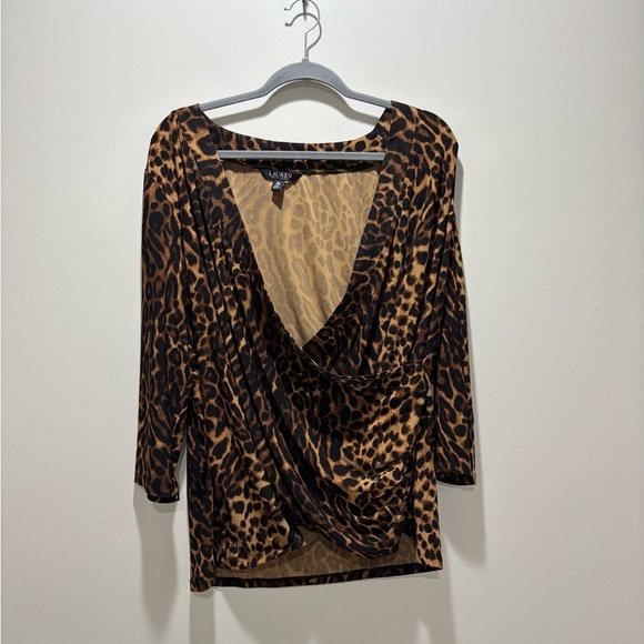 Lauren Ralph Lauren Tops - LAUREN RALPH LAUREN • Women’s Leopard Print Splice Wrap Drapey Neckline Blouse